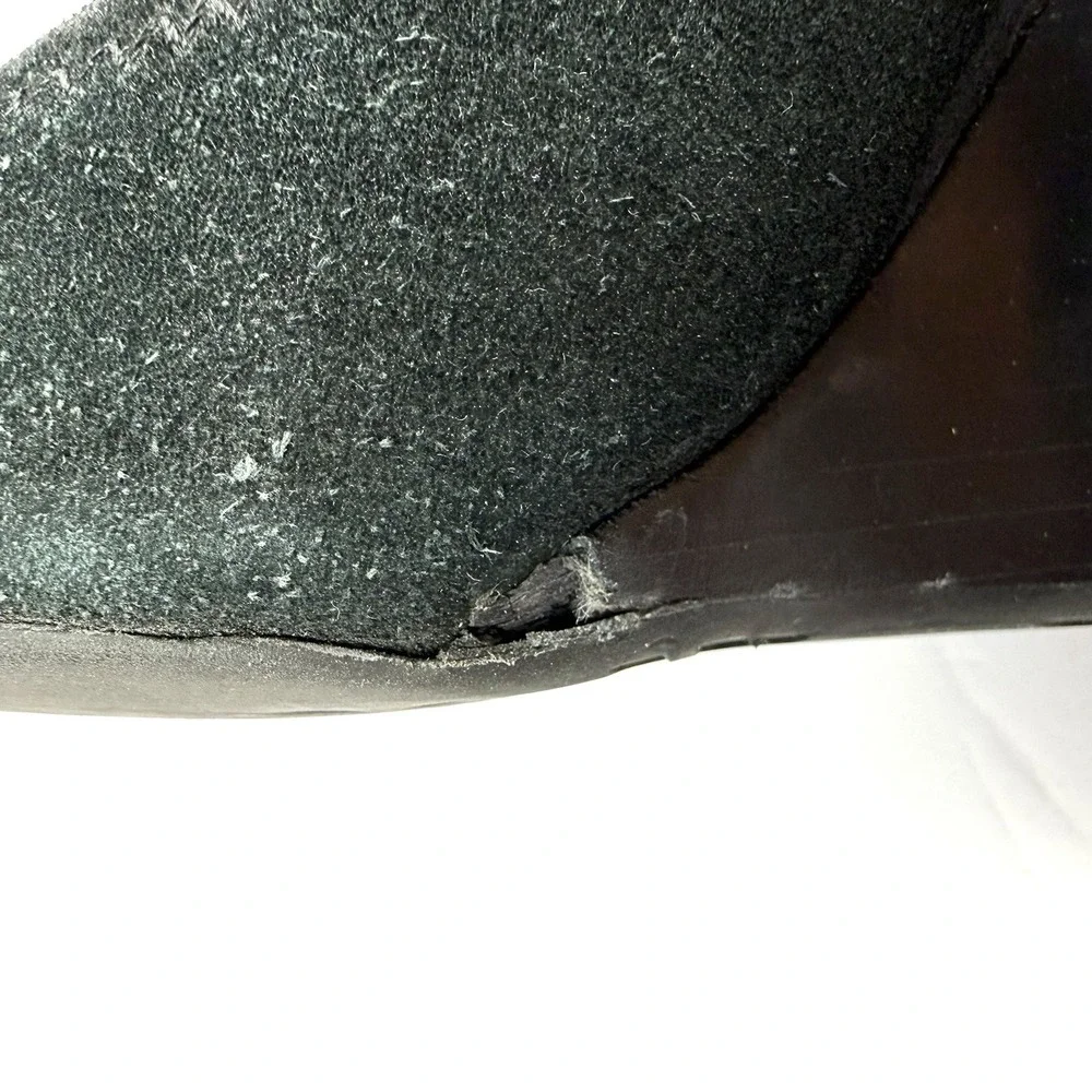Tory Burch Sophie Wedge 6.5‎ Black Suede Slip On Heels Silver Logo